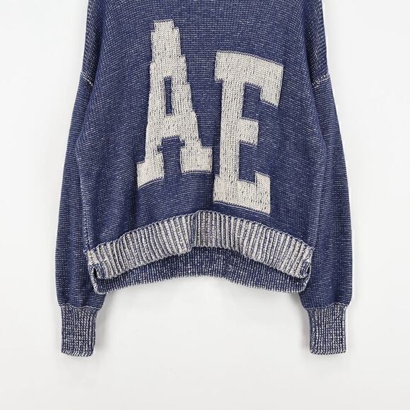 American Eagle RARE AE Logo Chunky Knit Navy Cream Pullover Sweater Size Small - Picture 3 of 8
